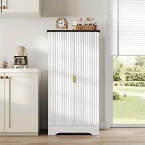 FAYICIC Küchenschrank mit LED-Sensorlicht und Gewürzregal, Großzügiger Doppeltür-Schrank mit Verstellbaren Regalböden und Modernem Türdesign – Weiß, 120 x 60,5 x 40 cm