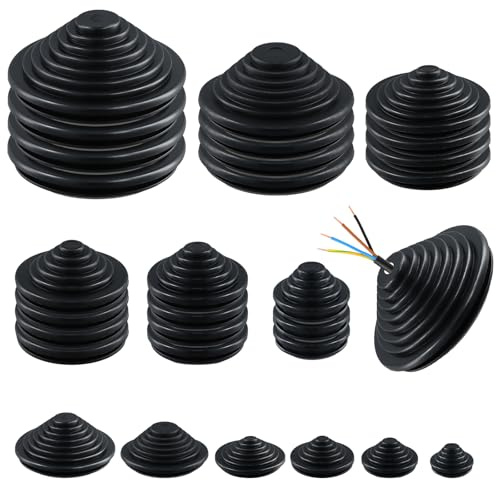30 Pièces 6 Tailles Passe Fil Caoutchouc Protection, 25mm / 30MM / 35mm / 40mm / 50mm / 60mm Joint D'étanchéité, Kit de Rondelles en Taille, œillets Noirs en Forme de Tour, pour Câble