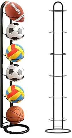 Wxeadu Ball Storage Rack, 6 Tier Vertical Removable Football Stand, Multifunctional Sports Organizer Football Holder, Black Display Stand for Basketball Football Soccer Volleyball Outdoor Indoor