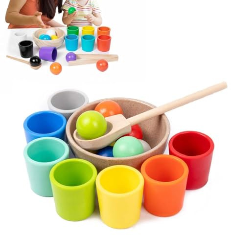 Rainbow Balls in Cups Toddler Toys - Safe Size & Materials, Wooden Matching Games for Learning Color Sorting and Counting, Montessori Rainbow Color Sorting Toy Preschool Colors Matching(7 color)