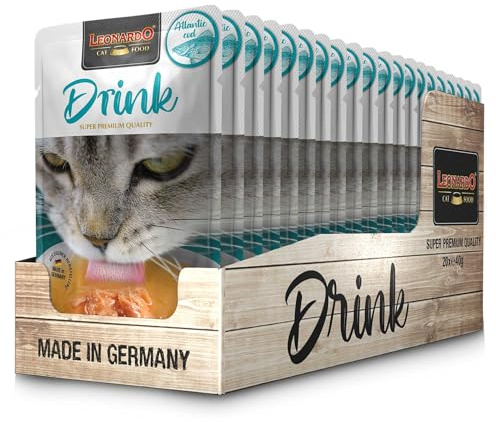 Leonardo Drink Atlantic Cod | 20 x 40 g | Ergänzungsfuttermittel für ausgewachsene Katzen | Zur Unterstützung der Flüssigkeitsaufnahme | Ideal zur Ergänzung von Trockenfutter