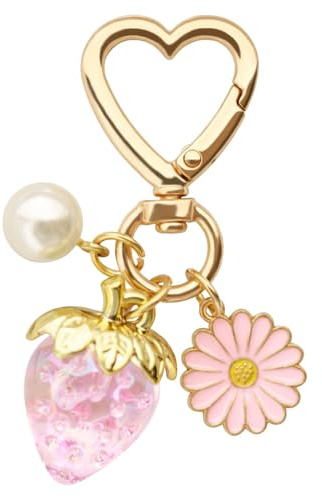 Porte clef femme fraise rose avec perle et fleur, bijoux de élégant pour sac à main, grigri sac a main cœur, accessoires de mode femme & charms décoratif, porte clé fille pour clés