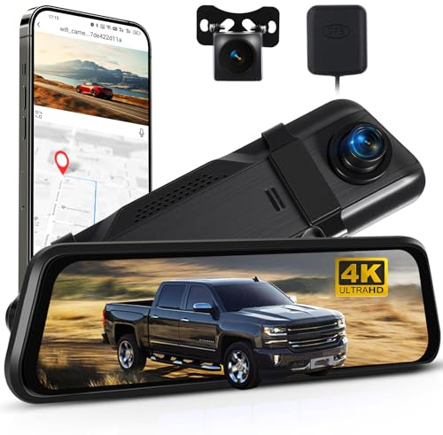 Rimoody 4K Spiegel Dashcam mit 1080P Rückfahrkamera, 9.66 Touchscreen Auto Kamera mit GPS, APP & WiFi Control, BSD & ADAS, HDR Super Nachtsicht, Loop-Aufnahme, G-Sensor, Einparkhilfe, Parküberwachung
