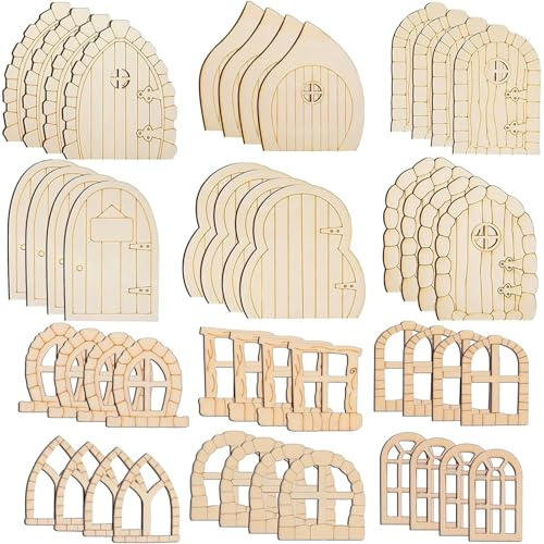 48Pcs fairy doors, unpainted wooden fairy doors for garden, DIY mini fairy garden kit, enchanted fairy garden accessories for garden trees for home office birthday wedding party decoration antique