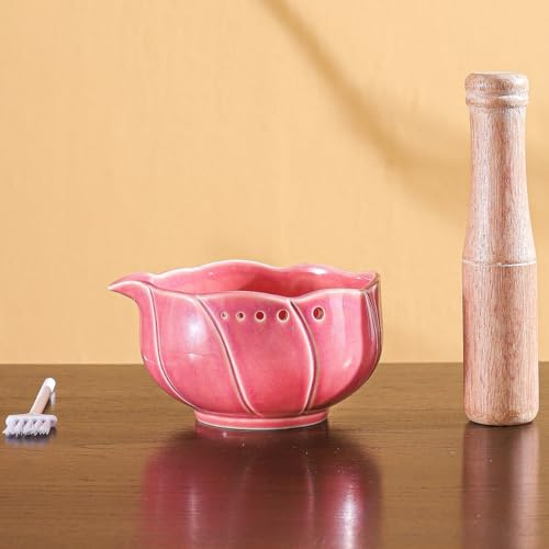 Ceramic Garlic Grater Bowl, Handmade Herb Mortar and Pestle Set with Multiple Holes and Brush, Efficient Stripper Kitchen Tools for Salads Cooking Peeling Pink