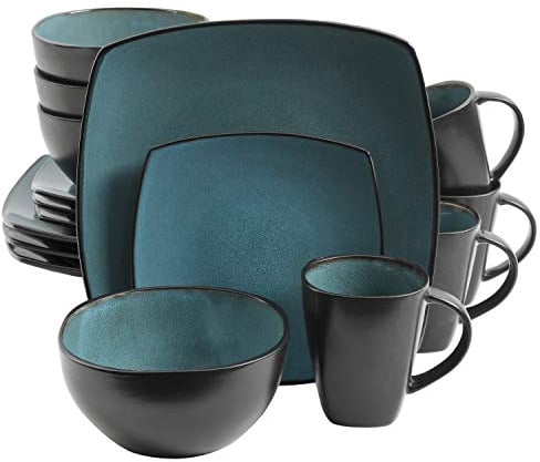 Gibson 99813.16R Elite Soho Lounge Geschirrset mit reaktiver Glasur für 4 Personen, 16-teilig, Zweifarb-Effekt Blaugrün/Schwarz