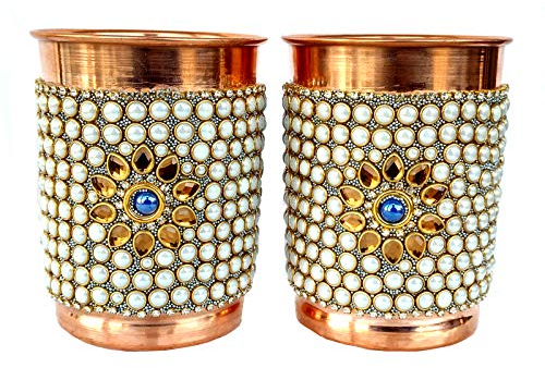 Rastogi® Handicrafts Pichet en cuivre pur – 2 verres extérieurs en pierre blanche décorés White 2 glass
