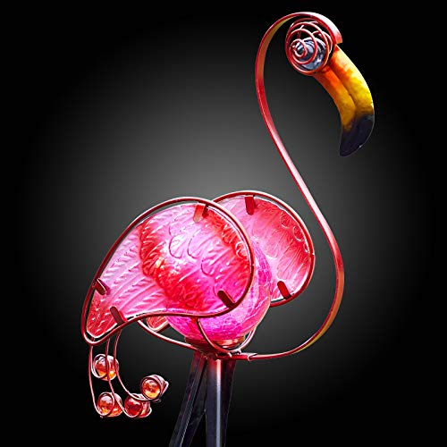 Garden Mile® Solar Power Pink Flamingo Glass & Metal Garden Crackle Ball Stake Lights Novelty Animal Garden Decorations Colourful Patio Border Walkway Flower Bed Stake Lights