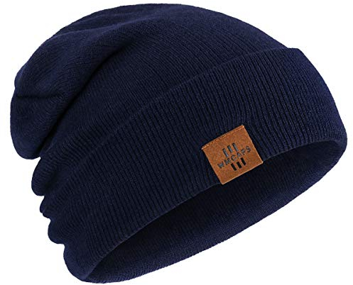 Wmcaps Classics Mütze Herren Damen, Unisex Wintermütze Beanie Leatherpatch Strickmütze, One Size, Geschenke für Männer Frauen (Navy blau)