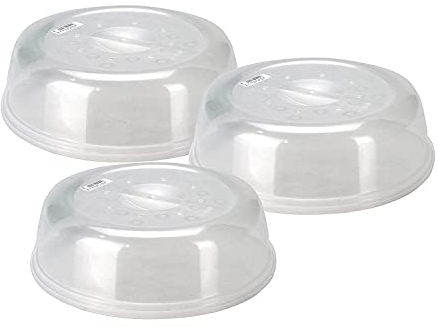 Set of 3 Microwave Food Plate Dish Cover 26cm Plastic Transparent Ventilated Microwave Splatter Splash Guard Cover with Air Vents Kitchen Cooking, Dishwasher Safe, BPA Free, 26cm