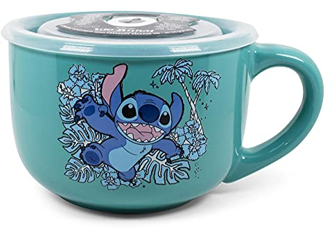 Silver Buffalo Lilo and Stitch Stay Weird - Taza de sopa de cerámica con tapa de plástico ventilada, 24 onzas
