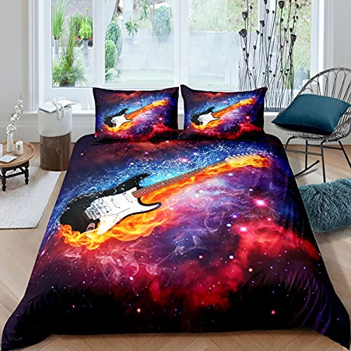 Rock Guitar Duvet Cover Single Size,Hip Hop Music Theme Bedding Set For Kids Boys Girls Teens Colorful Nebulas Sky Starry Comforter Cover Trippy Ice Fire Quilt Cover With 1 Pillow Case