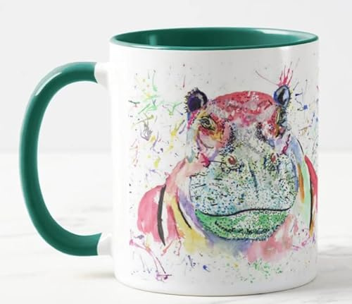 Vixar Hippopotamus Hippo Wild Animals Watercolour Art Coloured Mug Cup Gift Birthday Work Office Christmas Tea Coffee (D Green)