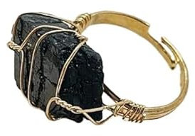 ASDFY Natürlicher Schwarzer Turmalin-Ring, Unregelmäßiger Kristall, Goldfarbener Ring, Verstellbar, Offene Steinringe, Reiki-Balance, Knöchel-Fingerringe, Ewigkeitsring Für Frauen, Mädchen, Männer