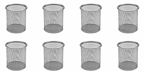 Osco Silver Wiremesh Round Pen Pot | 8 Pack |Pencil Holder | Desk Tidy | Office Organiser | Makeup Storage | Cosmetics Display | H10.4 x W9 x D9 cm |