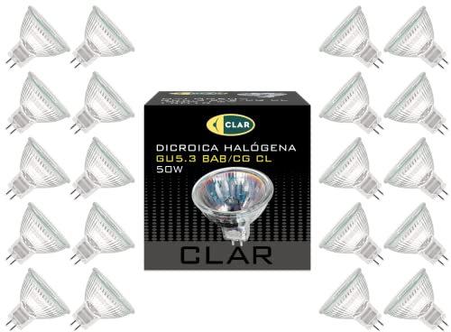 CLAR - Bombilla Halogena, Bombillas Halogenas, Focos Halógenos, Bombillas 12V, Bombillas 12 Voltios, GU5.3 MR16 50W (Pack 20)
