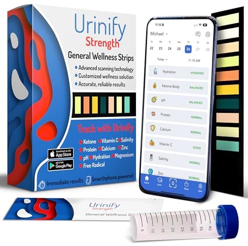 [URINIFY STRENGTH] Urinteststreifen und mobile App für Ketostreifen Urintest, Hydrationstest, Stoffwechseltest, Elektrolyte, pH, Vitamin C, Urinanalyseteststreifen, 6 Streifen