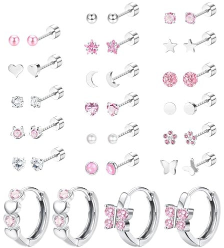 Morfetto 20Pairs Screw Back Earrings Stud for Girls Women Surgical Steel Cartilage Stud Earrings Tiny Opal CZ Flat Back Stud Earrings Cute Heart Hoop Earrings Set 20G A