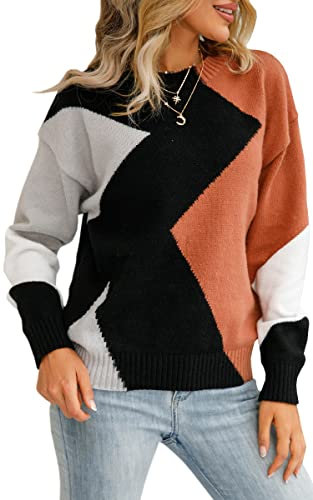 ASOMI Strickpullover Damen Gestreift Kariert: Elegant Rollkragen Pullover Winterpullover Warm Herbst Strickpulli Lässig Rundhals Farbblock Pulli Langarm Mode Übergangspullover 12Braun M