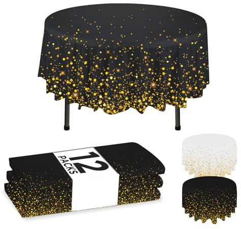 NORZEE Einweg-Kunststoff-Tischdecken, 213,4 cm, runde Tischdecke, runde Kunststoff-Tischdecke, Einweg-Tischdecke, Schwarz-Gold, Konfetti, 12 Stück
