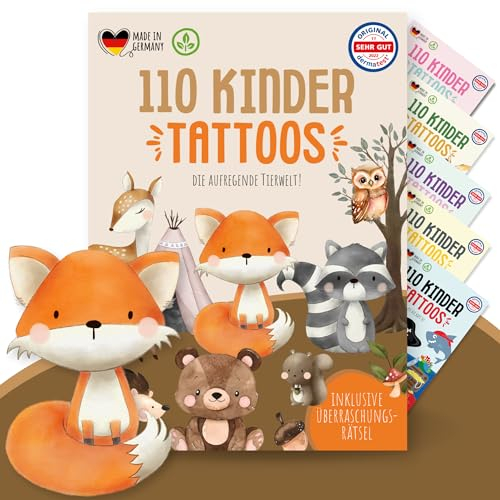MeinBaby123 110 Hautfreundliche Tattoos Mit Süßen Tieren, Kindertattoos Zum Aufkleben, Geschenk für Kinder, Vegan & Made in Germany (1x Dinos)