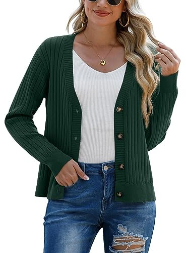 PrinStory Cardigan da donna aperto davanti lavorato a maglia a maniche lunghe maglione casual con bottoni donna a maniche lunghe cardigan, verde scuro, L