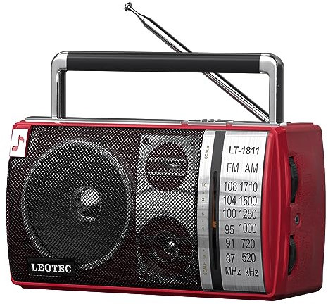 LEOTEC AM FM Radio, Portable Bluetooth Radio, Socket or Battery Operated, Best Reception with Headphone Jack, Handheld Device, Ideal for Home, Outdoor, Red