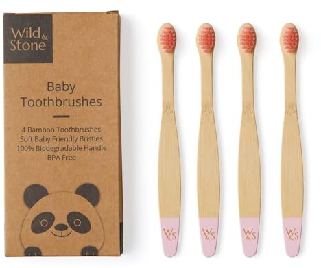 Wild & Stone Baby-Zahnbürste aus Bambus, 4er-Pack, weiche Borsten, FSC-zertifizierter Griff, BPA-frei, vegan
