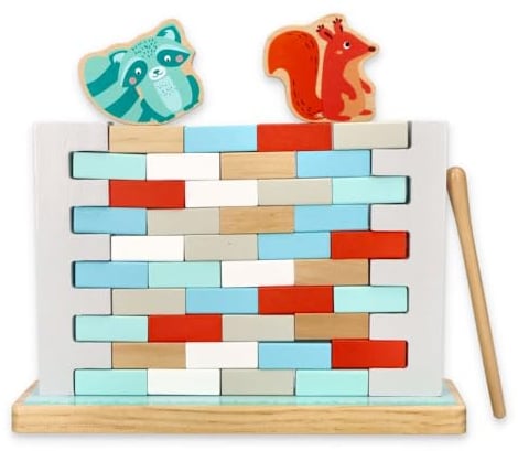 Wackelmauer Spiel, Intelligenz Spiel für Kinder, aus Holz, Kreatives Spiel zum Einreißen Einer Wand, Arcade-Spiel für Kinder ab 3 Jahren - 40 Dominosteine, 2 Tierfiguren, Stock - Mauerspiel