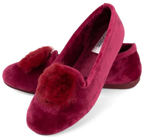 JOMIX Bailarinas Mujer Terciopelo con Pompones Fabricadas en España Zapatos Planos Mujer Cómodos Zapatillas Casa Mujer, Rojo, 36 EU