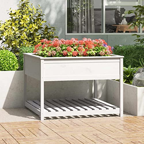 ARKEM Jardinière et étagère Blanc 111,5x111,5x81cm Bois Massif de pin,Jardiniere sur Pieds,Bac avec Treillis,Jardiniere Terrasse