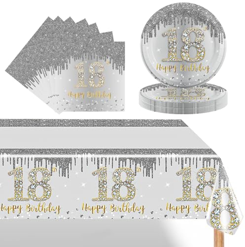 POPOYU 37Pcs White and Gold 18th Birthday Tableware Set,Silver Party Plates 18th,18th Birthday Plates and Napkins,18thBirthday Table Cloth for Him Her Men Women BirthdayGift Party Supplies