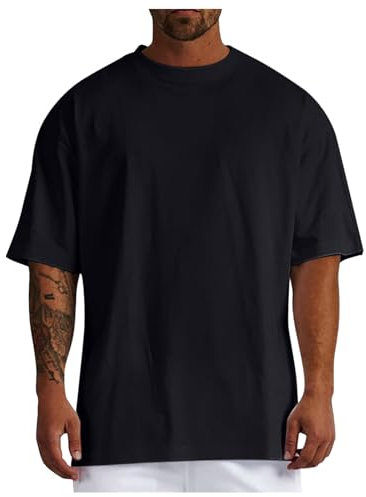 Oversized T-Shirt Men's Short Sleeve Crew Neck Loose Top Wide Cut Long Shirt Basic Vintage Clothes Gym T-Shirt Leisure Men's Oversize Fit Sweatshirt Top Loose Summer Outfit, black, L