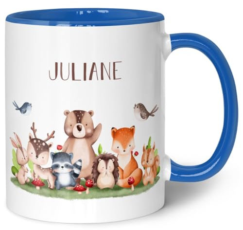 GRAVURZEILE Bedruckte Tasse mit Namen - Tiergruppe Waldtiere - Personalisierte Geschenke für Jungen & Mädchen Kinder zum Geburtstag Einschulung Kommunion und Konfirmation - Blau