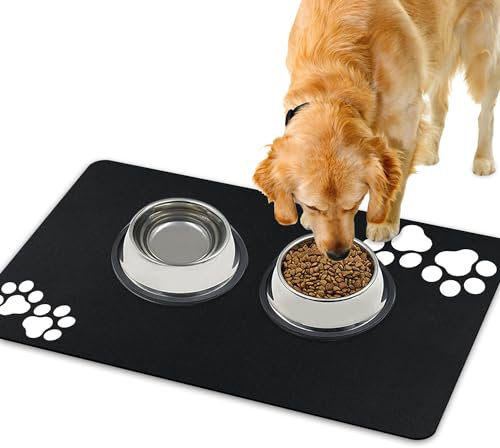 Lurowo Tapis de Nourriture pour Chien Séchage Rapide Super Absorbant Lavable Antidérapant 43x75cm Motif Deux Paires Pattes Noir