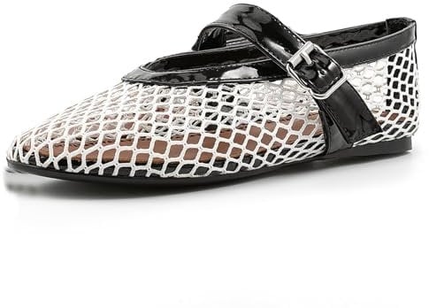 Sandalias Planas de Ballet de Malla para Mujer,Zapatos Planos Mary Jane con Hebilla de Punta Redonda Suave e Informal,Zapatos Transpirables con Corte Plano Sexy,Blanco,37 EU