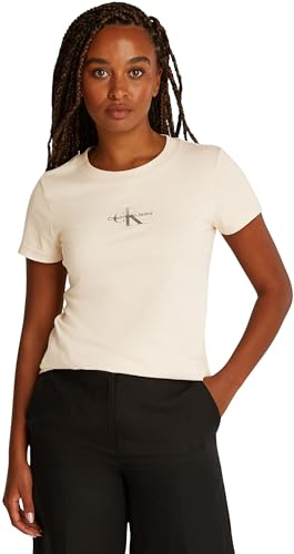 Calvin Klein Damen T-Shirt Kurzarm Gradient Monologo Tee Slim Fit, Beige (Brazilian Sand), L
