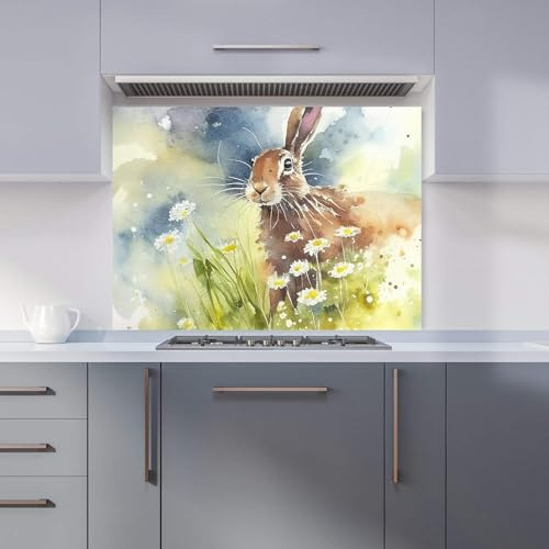 Premium Hare And Daisies Watercolour Kitchen Splashback 6mm Toughened Glass Kitchen Splashback – Heat Resistant Splashback for Kitchens, Perfect for Cookers and Hobs, Polished Edges
