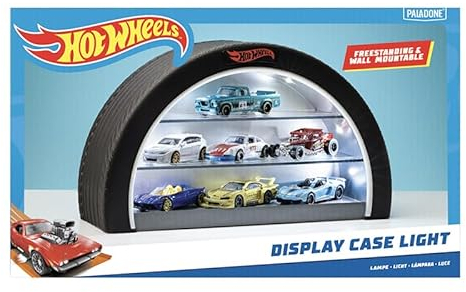 Hot Wheels - Lámpara expositora con licencia oficial de Mattel, estuche iluminado con capacidad para 8 coches, pared en forma de rueda montable o independiente, regalo para coleccionistas