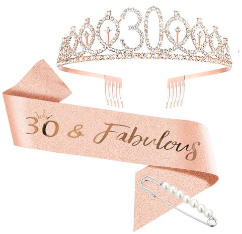 Forhandy 30. Geburtstagskrone Mädchen, 18 Geburtstag Geschenke Rose Gold Geburtstag Krone Schärpe und Strass Tiara, Birthday Deko Geschenk Frauen Mädchen Party Accessoires
