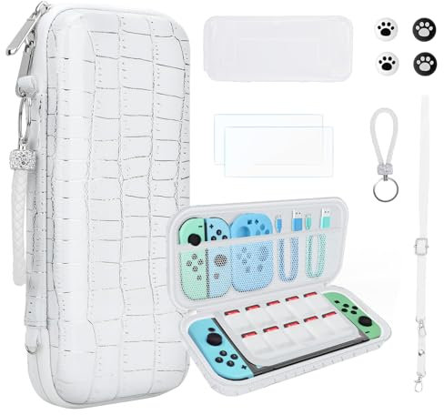 JYPS 10 in1 Tasche Kompatibel mit Nintendo Switch OLED, Neue Krokodil Textur Harts Hülle Switch Case mit Griff, Tragbare Schutz Transporttasche mit Bildschirmschutz, Schutzhülle& Zubehör(Weiß)