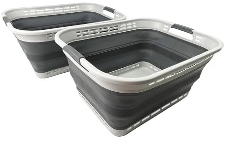 SAMMART 42L zusammenklappbarer Wäschekorb aus Kunststoff – faltbarer Pop-Up-Aufbewahrungsbehälter/Organizer – tragbare Waschwanne – platzsparender Korb/Korb (Grau/Stahlgrau (2er-Set))