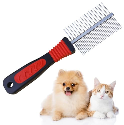 Peigne pour Chien et Chat en Acier Inoxydable – Peigne Double Rangée, Poignée Antidérapante, Élimine les Nœuds & le Sous-Poil, Toilettage Doux et Efficace