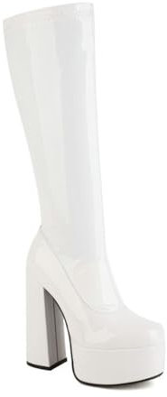 HQINGAXU Donna Stivali al Ginocchio Piattaforma Stretch Tacco Alto Chunky Stivali Lunghi Abito in Pelle Verniciata Cosplay Combat Biker Punta Quadrata Invernali Polpaccio Largo,Bianca,36 EU