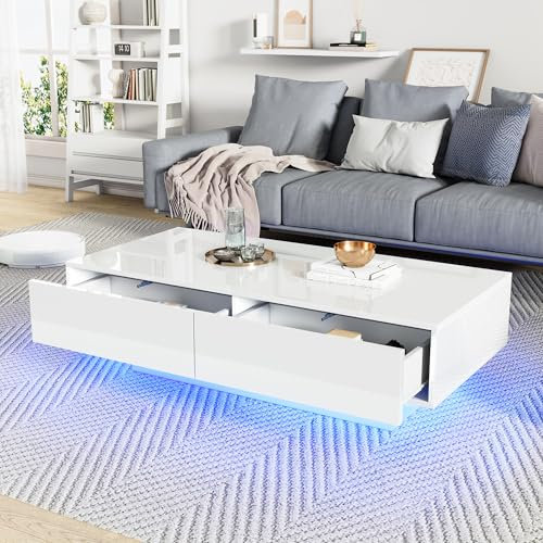 Merax Moderner Hochglanz Couchtisch Weiß 115x55x34 cm – mit 2 Schubladen, LED-Beleuchtung, 30 kg Tragkraft, Eleganter Wohnzimmertisch