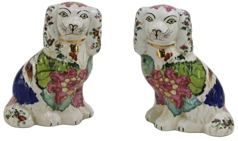 SYNWISH Handbemalte Vintage-Dekofiguren aus Porzellan, 15 cm, kleine Tabakblatt-Spaniel-Hunde, 15 cm, 1 Paar, Mantel-Hunde, für Sammlerstücke, Heimdekoration