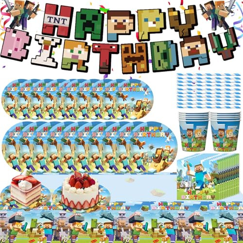 Jeux vidéo Anniversaire Vaisselle Kit, 62 Pcs Miner Fournitures de Fête, Miner Décorations Anniversaire Assiettes Gobelets Serviettes Pailles Nappes Bannières d'Anniversaire, Vaisselle de Fête