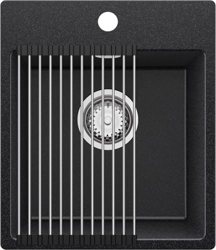 PRIMAGRAN Spülbecken ab 40er Unterschrank + Ablauf-Set, 38x44cm | Set: Ablauf-Set (Siphon, Ablaufgarnitur, Überlauf) + Abtropfmatte + Granitspüle 1 Becken - Riga Easy, Anthrazit