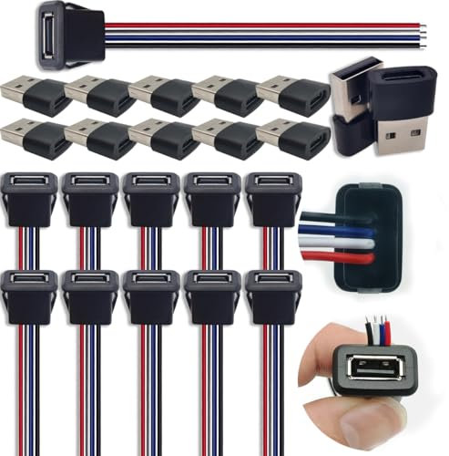 CESFONJER USB 2.0 Panel Mount Receptacle with 4-Core Pigtail Cable, OTG Adapter(10 Set), 22AWG wire Chassis Socket Data transfer and charging for DIY projects