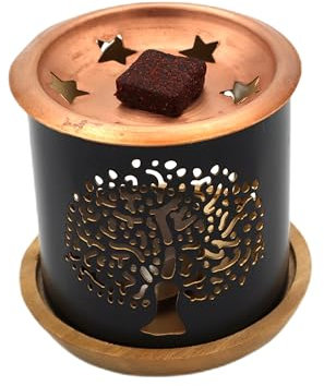 LivuX Aromafume Exotic Incense Diffusore Albero della Vita – Barattolo di incenso, 6,5 x 7 cm, in ferro battuto con piastra in rame e sottopentola in legno, ideale per blocchi di incenso Aromafume